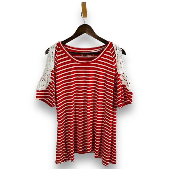 Soft Surroundings Red White Stripe Cold Shoulder Lace Trim Top PM - Picture 2 of 10